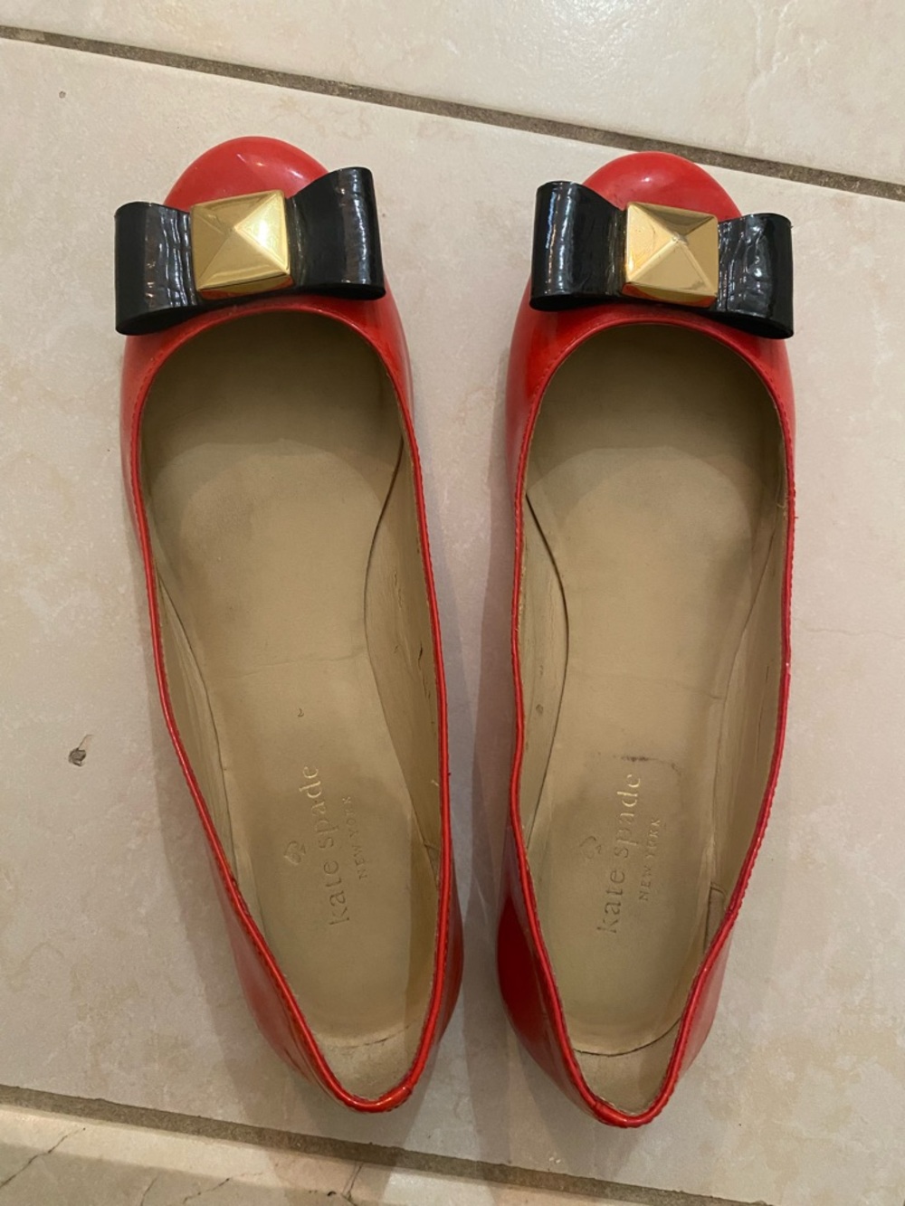 kate spade Red Patent Leather Flats with Black Bow & Gold Accent